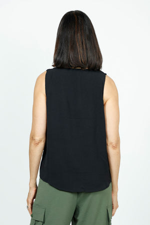 Top Ligne Sleeveless Ruffle Tank in Black. V neck sleeveless top with ruffle trim at the neck and half down the front. Curved hem. Relaxed fit._35748038738120