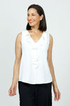 Top Ligne Sleeveless Ruffle Tank in White. V neck sleeveless top with ruffle trim at the neck and half down the front. Curved hem. Relaxed fit._t_35748038836424