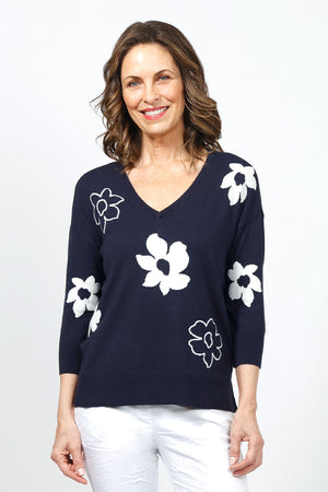 Ten Oh 8 Flower V Neck in Navy with white large flowers.  V neck with 3/4 sleeve.  Rib trim at hem neck and cuff.  Relaxed fit._35747681501384