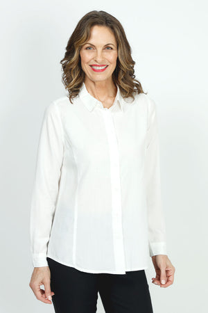 Cali Girls Tencel Button Down in White. Pointed collar button down with contour front seaming. Shirt tail hem. Long sleeves with button cuffs. Relaxed fit._35951877062856