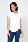 Top Ligne Airflow Twist Hem Top in White.  Lightly textured crew neck cap sleeve top with twist hem on left side. Keyhole opening at back neck with button closure.  Relaxed fit._t_59759859466606