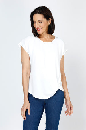 Top Ligne Airflow Twist Hem Top in White.  Lightly textured crew neck cap sleeve top with twist hem on left side. Keyhole opening at back neck with button closure.  Relaxed fit._59759859466606