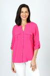 Top Ligne 2 Pocket Button Roll Tab Top in Hot Pink.  Crew neck banded collar with notched v neck.  Button down.  2 breast patch pockets with button flap.  3/4 sleeve with button roll tab.  Gold buttons. Shoulder epaulets.  Shirttail hem.  Relaxed fit._t_59598820114798