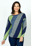 Ten Oh 8 Colorblock Dolman Sweater.  Wife diagonal stripes in navy, gray, denim and avocado.  Boat neck  long dolman sleeve with drop shoulder.  Solid Navy trim at neckline.  Double knit.  Curved hem.  Relaxed fit._t_52941325173102