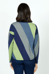 Ten Oh 8 Colorblock Dolman Sweater.  Wife diagonal stripes in navy, gray, denim and avocado.  Boat neck  long dolman sleeve with drop shoulder.  Solid Navy trim at neckline.  Double knit.  Curved hem.  Relaxed fit._t_52941325205870