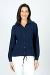 Top Ligne  Pocket Tie Blouse in Navy.  Pointed collar button down with cinch tie at hem.  Long sleeves with button cuff.  Relaxed fit._t_59595189191022