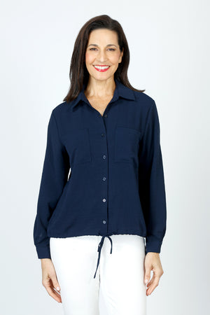 Top Ligne  Pocket Tie Blouse in Navy.  Pointed collar button down with cinch tie at hem.  Long sleeves with button cuff.  Relaxed fit._59595189191022