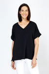 Top Ligne Airflow Dolman V Neck Top in Black.  Lightly textured and airy top.  V neck with short cuffed dolman sleeves.  A line shape.  Relaxed fit._t_59764799701358