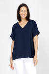 Top Ligne Airflow Dolman V Neck Top in Navy.  Lightly textured and airy top.  V neck with short cuffed dolman sleeves.  A line shape.  Relaxed fit._t_59764799799662