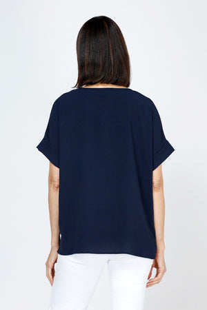 Top Ligne Airflow Dolman V Neck Top in Navy.  Lightly textured and airy top.  V neck with short cuffed dolman sleeves.  A line shape.  Relaxed fit._59764799865198