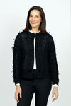 Lolo Luxe Fringe Cardigan in Black.  Crew neck open front cardigan with hook and eye closure at neck line.  Open weave with vertical ribbing.  Fringe detail throughout.  Long sleeves.  Rib trim at neck, hem and cuff.  Relaxed fit._t_52998207340910