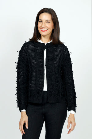 Lolo Luxe Fringe Cardigan in Black.  Crew neck open front cardigan with hook and eye closure at neck line.  Open weave with vertical ribbing.  Fringe detail throughout.  Long sleeves.  Rib trim at neck, hem and cuff.  Relaxed fit._52998207340910