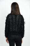 Lolo Luxe Fringe Cardigan in Black.  Crew neck open front cardigan with hook and eye closure at neck line.  Open weave with vertical ribbing.  Fringe detail throughout.  Long sleeves.  Rib trim at neck, hem and cuff.  Relaxed fit._t_52998207373678