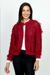 Lolo Luxe Fringe Cardigan in Red.  Crew neck open front cardigan with hook and eye closure at neck line.  Open weave with vertical ribbing.  Fringe detail throughout.  Long sleeves.  Rib trim at neck, hem and cuff.  Relaxed fit._t_52998207439214