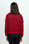 Lolo Luxe Fringe Cardigan in Red.  Crew neck open front cardigan with hook and eye closure at neck line.  Open weave with vertical ribbing.  Fringe detail throughout.  Long sleeves.  Rib trim at neck, hem and cuff.  Relaxed fit._t_52998207471982