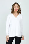 Ten Oh 8 Waffle V Neck in White.  Relaxed waffle knit sweater with v neck and long sleeves.  Deep rib at neck, hem and cuff.  Side slits._t_59519626412398