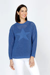 Ten Oh 8 Star Sweater in Indigo.  Open weave sweater with large solid intarsia star in front.  Crew neck long sleeve sweater with dropped shoulder.  Rib trim at neck, hem and cuff.  Relaxed fit._t_59742860444014