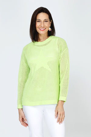 Ten Oh 8 Star Sweater in Kiwi.  Oopen weave sweater with large solid intarsia star in front.  Crew neck long sleeve sweater with dropped shoulder.  Rib trim at neck, hem and cuff.  Relaxed fit._59742860280174