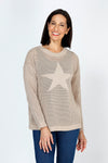 Ten Oh 8 Star Sweater in Sand.  Open weave sweater with large solid intarsia star in front.  Crew neck long sleeve sweater with dropped shoulder.  Rib trim at neck, hem and cuff.  Relaxed fit._t_59742860476782