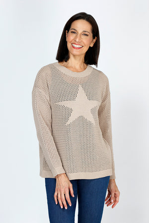 Ten Oh 8 Star Sweater in Sand.  Open weave sweater with large solid intarsia star in front.  Crew neck long sleeve sweater with dropped shoulder.  Rib trim at neck, hem and cuff.  Relaxed fit._59742860476782