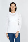 Ten Oh 8 Star Sweater in White.  Open weave sweater with large solid intarsia star in front.  Crew neck long sleeve sweater with dropped shoulder.  Rib trim at neck, hem and cuff.  Relaxed fit._t_59742860509550