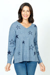 Ten Oh 8 V neck Sweater with Stars in Denim.  Solid and outlines star print on front and sleeves.  Heathered knit.  Long sleeves.  Rib trim at neck, hem and cuff.  Plain back.  Side slits.  Relaxed fit._t_59402397843822