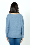 Ten Oh 8 V neck Sweater with Stars in Denim.  Solid and outlines star print on front and sleeves.  Heathered knit.  Long sleeves.  Rib trim at neck, hem and cuff.  Plain back.  Side slits.  Relaxed fit._t_59402397811054