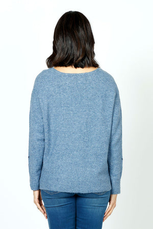 Ten Oh 8 V neck Sweater with Stars in Denim.  Solid and outlines star print on front and sleeves.  Heathered knit.  Long sleeves.  Rib trim at neck, hem and cuff.  Plain back.  Side slits.  Relaxed fit._59402397811054