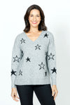 Ten Oh 8 V neck Sweater with Stars in Gray.  Solid and outlines star print on front and sleeves.  Heathered knit.  Long sleeves.  Rib trim at neck, hem and cuff.  Plain back.  Side slits.  Relaxed fit._t_59402397974894