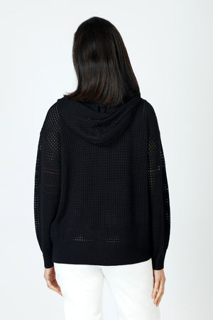 Ten Oh 8 Perforated Zip Hoodie in Black.  Zip front sweater with open weave knit.  Crew neck with attached hood with drawstring.  Long sleeves.  Solid rib trim at neck, hem and cuff.  Relaxed fit._59670444999022