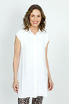 Top Ligne Cap Sleeve Button Down Tunic in White. Pointed collar button down. Cap sleeves. 14" deep side slits. Curved hem. Relaxed fit._t_35985102766280