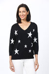 Ten Oh 8 Stars V Neck Sweater in Black with white stars. V neck 3/4 sleeve sweater with drop shoulder. Rib trim at neck, cuff and hem. Relaxed fit._t_35747702505672