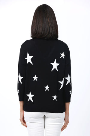 Ten Oh 8 Stars V Neck Sweater in Black with white stars. V neck 3/4 sleeve sweater with drop shoulder. Rib trim at neck, cuff and hem. Relaxed fit._35747702538440