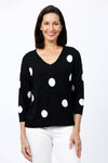 Ten Oh 8 Dots V Neck Sweater in Black with White Dots. V neck 3/4 sleeve sweater. Rib trim at neck hem and cuff. Relaxed fit._t_35747753099464