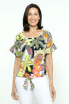 Organic Rags Tropical Tie Front Top in Multi.  Brightly colored stylized palm print.  Elastic scoop neck.  Raglan short sleeve with ruffle trim.  Tie at front hem.  Relaxed fit._t_35804682551496