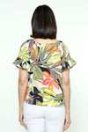 Organic Rags Tropical Tie Front Top in Multi. Brightly colored stylized palm print. Elastic scoop neck. Raglan short sleeve with ruffle trim. Tie at front hem. Relaxed fit._t_35804682518728