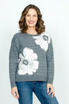 Lolo Luxe Flower Jacquard Sweater in Charcoal.  Double knit jacquard with large white flowers on front.  Crew neck long sleeves. Boxy shape.  Relaxed fit. _t_52933876777326