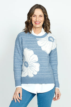 Lolo Luxe Flower Jacquard Sweater in Denim.  Double knit jacquard with large white flowers on front.  Crew neck long sleeves. Boxy shape.  Relaxed fit. _52933876810094