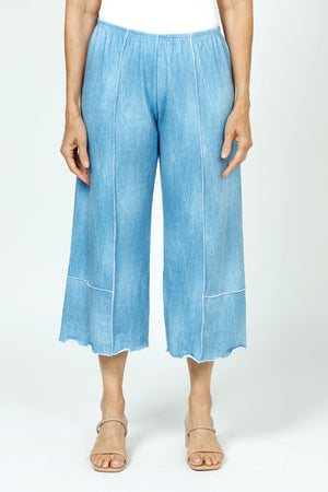 Top Ligne Jean Terry Seamed Pant.  Cropped terry in light blue.  Denim effect pant with raised center seaming and seam detail. Sewn edges.  Elastic pull on pant. Wide leg.  22" length._35740736323784