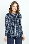 Top Ligne Crinkle Seamed Polka Dot Tee in Navy with white dots.  Crew neck long sleeve crinkle with raised front center seam.  Sewn edges.  Relaxed fit._t_52871712768366