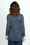 Top Ligne Crinkle Seamed Polka Dot Tee in Navy with white dots.  Crew neck long sleeve crinkle with raised front center seam.  Sewn edges.  Relaxed fit._t_52871712833902