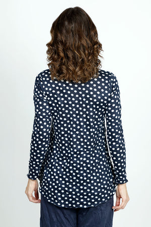 Top Ligne Crinkle Seamed Polka Dot Tee in Navy with white dots.  Crew neck long sleeve crinkle with raised front center seam.  Sewn edges.  Relaxed fit._52871712833902