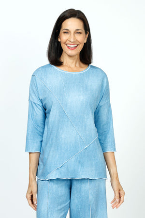 Top Ligne Jean Terry Seamed Tee in Denim. Crew neck 3/4 dolman sleeve tee with drop shoulder.  Diagonal front raised seaming in front with sewn edges.   Relaxed fit._35740600139976