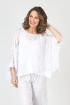 Top Ligne Honeycomb Sheer Top in White.  Boatneck topper in translucent puckered honeycomb pattern.  Dolman 3/4_t_59839257837934