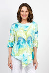 Top Ligne Floral Print Crinkle Tunic in Aqua. Blue aqua and lime  abstract floral print.  Crew neck crinkle with dolman elbow sleeve with ruffle cuff.  Diagonal front seaming with asymmetrical insert at hem.  Sewn edges.  Relaxed fit._t_35571242205384