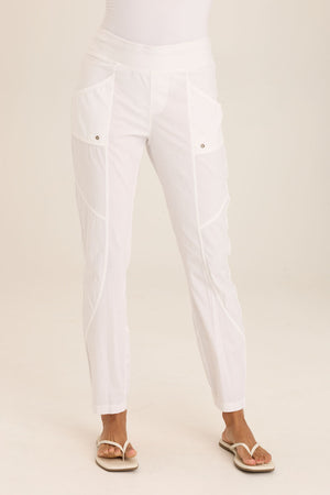 Wearables Dalia Pant in White.  Pull on pant with jersey waistband and poplin body.  2 front slash pockets with grommet detail.  Front and back contour seam detail.  Jersey insets at side seams.  30" inseam._59793640194414