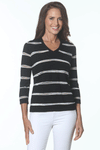 J'Envie Lurex Stripe Top in Black/White//Pewter.  V neck fine knit top in black with white and pewter lurex horizontal stripes.  Long sleeves.  Straight hem.  Banded neckline.  Classic fit._t_59498253746542