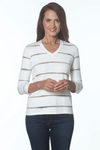 J'Envie Lurex Stripe Top in White/Fawn/Pewter.  V neck fine knit top in White with fawn and pewter lurex horizontal stripes.  Long sleeves.  Straight hem.  Banded neckline.  Classic fit._t_59498253844846