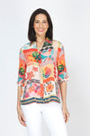 Beau Chemise Tropical Print Blouse.  Bright orange and blue mixed vintage scarf print.  Pointed collar button down with border print at hem.  Elbow length sleeve with folded cuff.  Relaxed fit._t_59783619936622