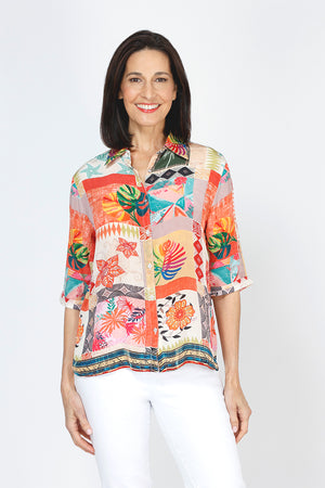 Beau Chemise Tropical Print Blouse.  Bright orange and blue mixed vintage scarf print.  Pointed collar button down with border print at hem.  Elbow length sleeve with folded cuff.  Relaxed fit._59783619936622